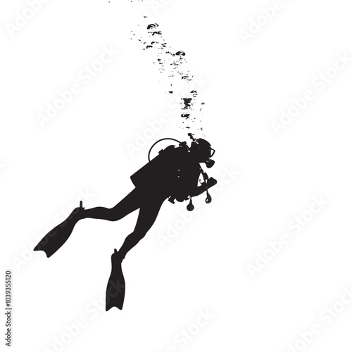 A silhouette of a diver swimming underwater isolated in White background