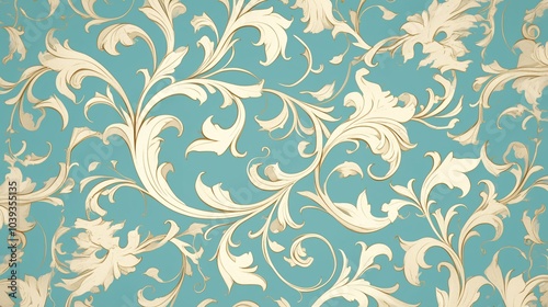 Wallpaper Mural Delicate white linework, forming floral and vine motifs on a rich teal background, showcasing the graceful, natural curves of Art Nouveau design. Torontodigital.ca