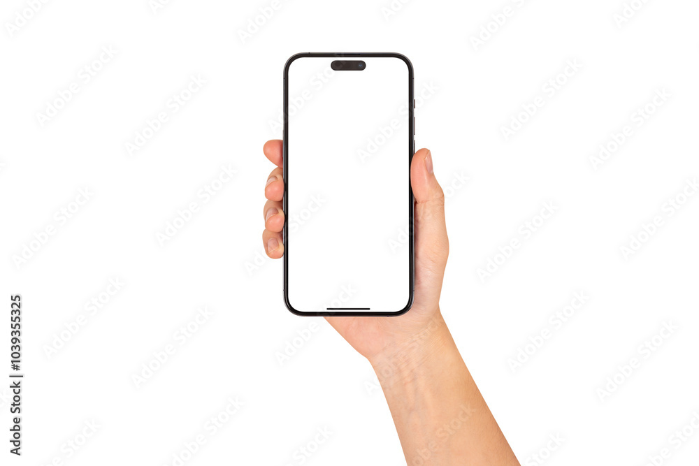 Hand holding smartphone with blank screen isolated on white background. Hand holding smartphone with blank screen isolated on white background.