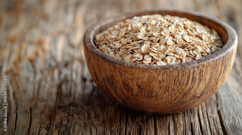 Oats in a rustic wooden bowl on a textured wooden surface. Oats in a rustic wooden bowl on a textured wooden surface.