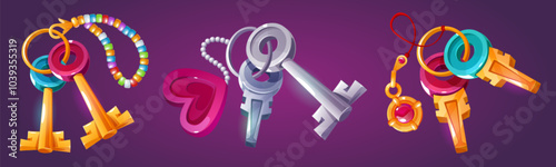 Key with pendant keychain on metal ring. Cartoon vector illustration set of home or car door unlock and access accessory. Bunch of lock on holder with heart, circle and beads hanging trinket.