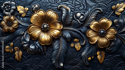 Elegant embossed metallic ornaments on a dark leather background, with intricate patterns raised in gold and silver, creating a luxurious tactile effect. photo