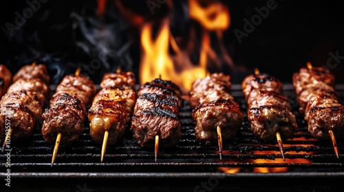 Grilled skewers of meat with flames in the background, presenting delicious barbecue. photo