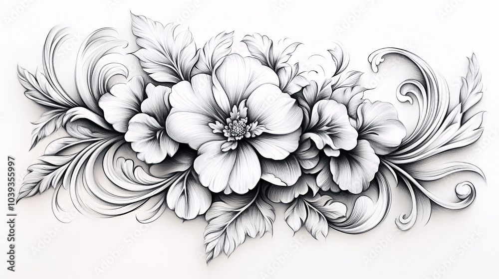 Elegant floral ornaments drawn in fine black lines on a white background, with intricate curves and symmetrical patterns. Elegant floral ornaments drawn in fine black lines on a white background, with intricate curves and symmetrical patterns.