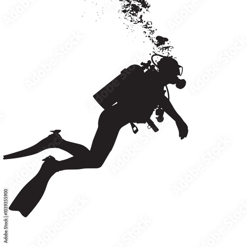 A silhouette of a diver swimming underwater isolated in White background