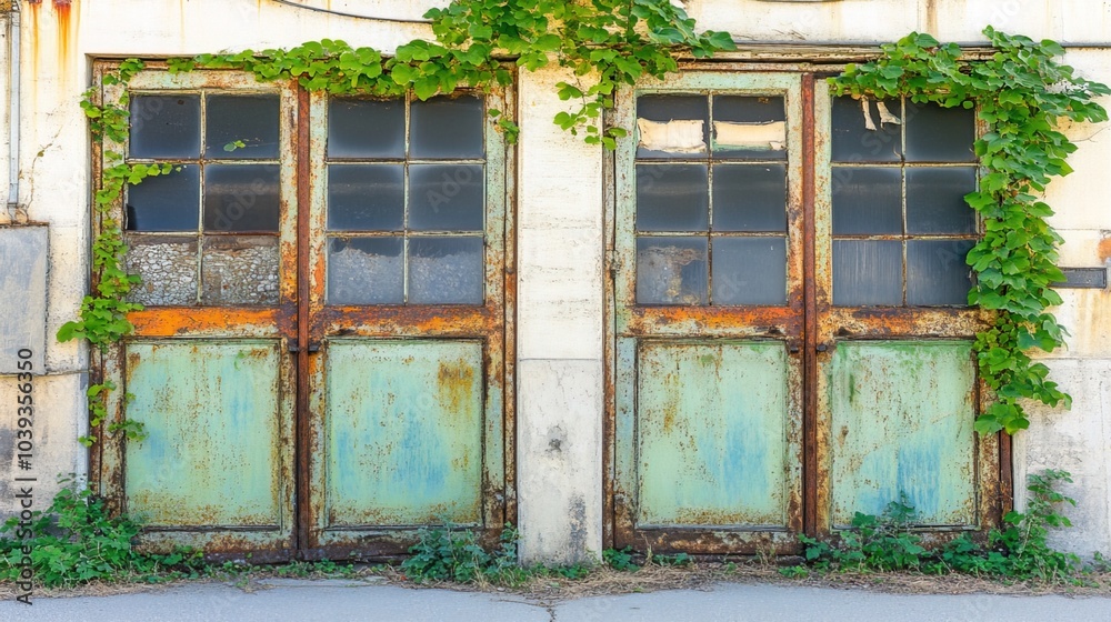 Closed factory gates with rusting metal and faded paint, symbolizing the decline of industry and the passage of time, reflecting a poignant reminder of economic shifts and the human impact of change Closed factory gates with rusting metal and faded paint, symbolizing the decline of industry and the passage of time, reflecting a poignant reminder of economic shifts and the human impact of change