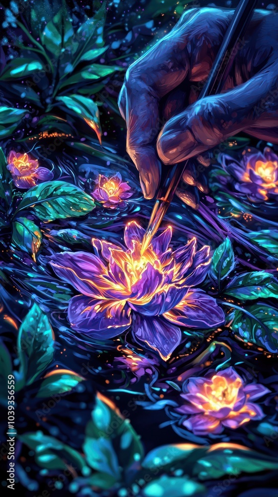Fototapeta premium Illuminating Nature A Hand Painting Vibrant Lotus Flowers in a Dreamy Landscape