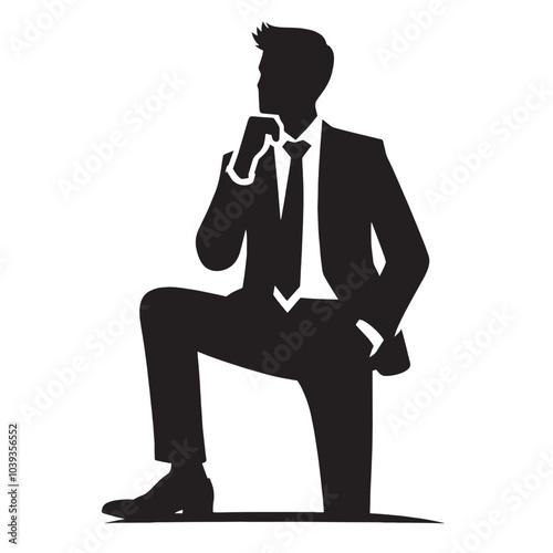 Silhouette of a businessman standing with one knee bent and looking up thoughtfully.