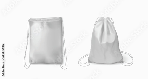 White backpack mockup with thin long drawstring for carrying gym clothes or school tools. Realistic 3d vector illustration set of blank soft fabric shoulder rucksack with string strap template.