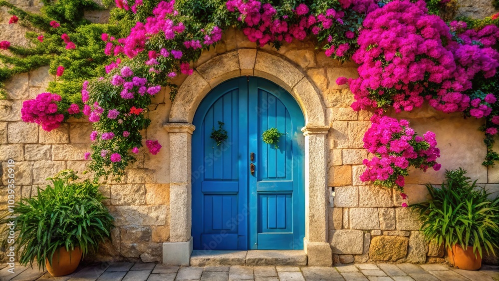 Pink flowers bloom around a blue door shadowed by a stone arch. Pink flowers bloom around a blue door shadowed by a stone arch.