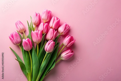 Pink Tulips Bouquet on Pastel Pink Background - Spring Flower Photography