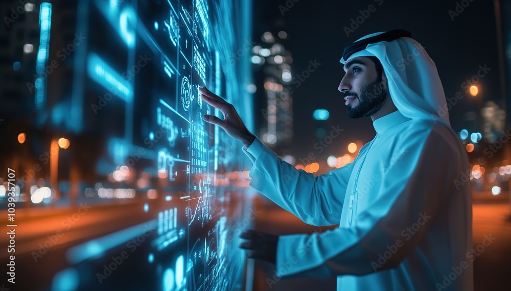 Fototapeta premium A man in traditional Arab clothing interacts with a futuristic digital interface in a city at night.