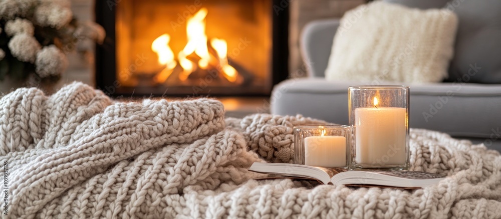 Cozy living room scene with a fireplace, candles, blanket, and a book. Cozy living room scene with a fireplace, candles, blanket, and a book.