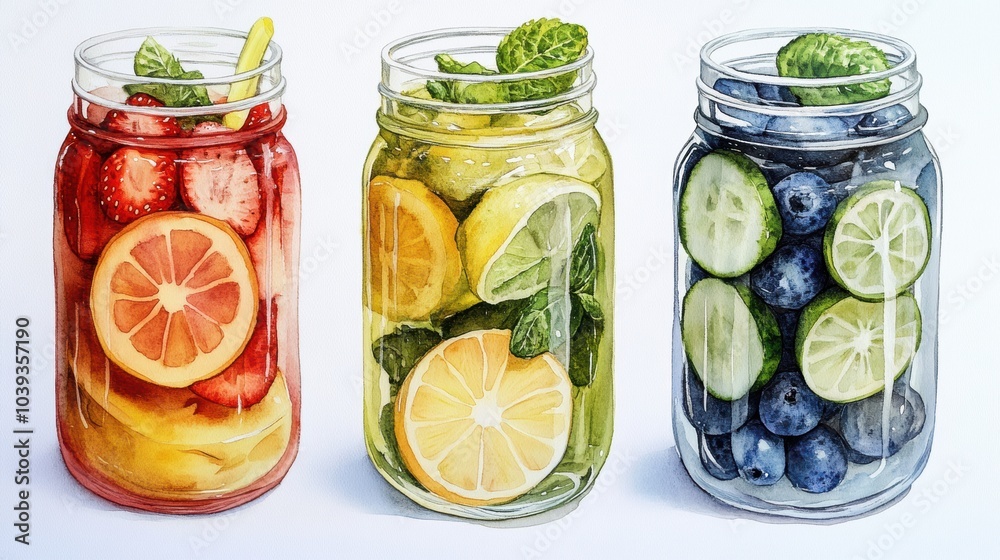 watercolor healthy drinks mini's set on white bakground watercolor healthy drinks mini's set on white bakground