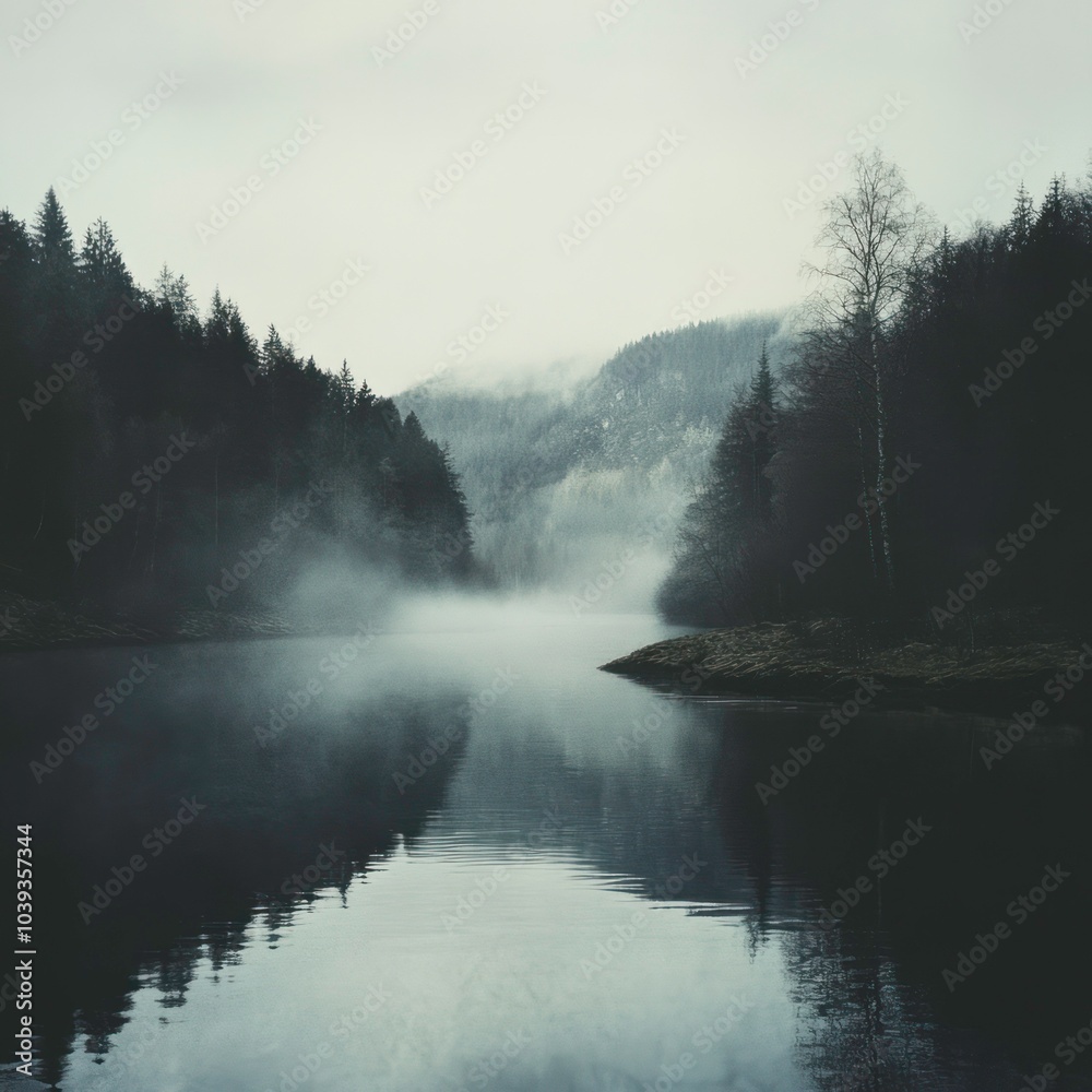 Landscape with dense fog over river Landscape with dense fog over river
