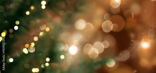 Blurred festive green pine branches in soft tones and bokeh lights background. Decorated Christmas tree in holiday style. Christmas de-focus blurred template for holiday design. Vector illustration