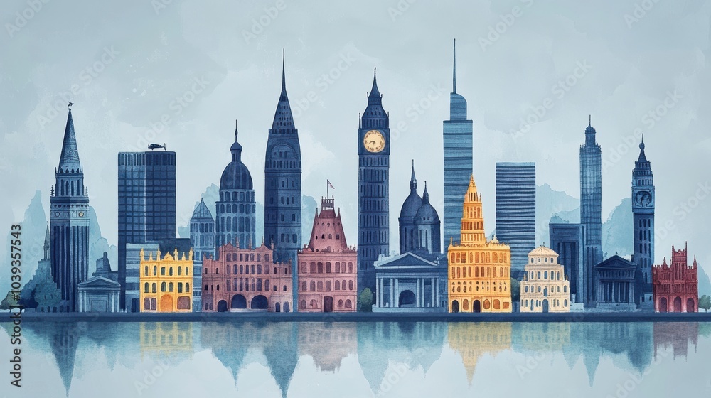 Watercolor english cityscape reflecting in water Watercolor english cityscape reflecting in water