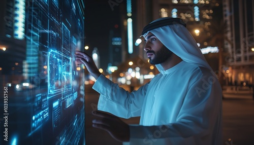 A man in traditional Middle Eastern clothing interacts with a digital display in a modern city at night.