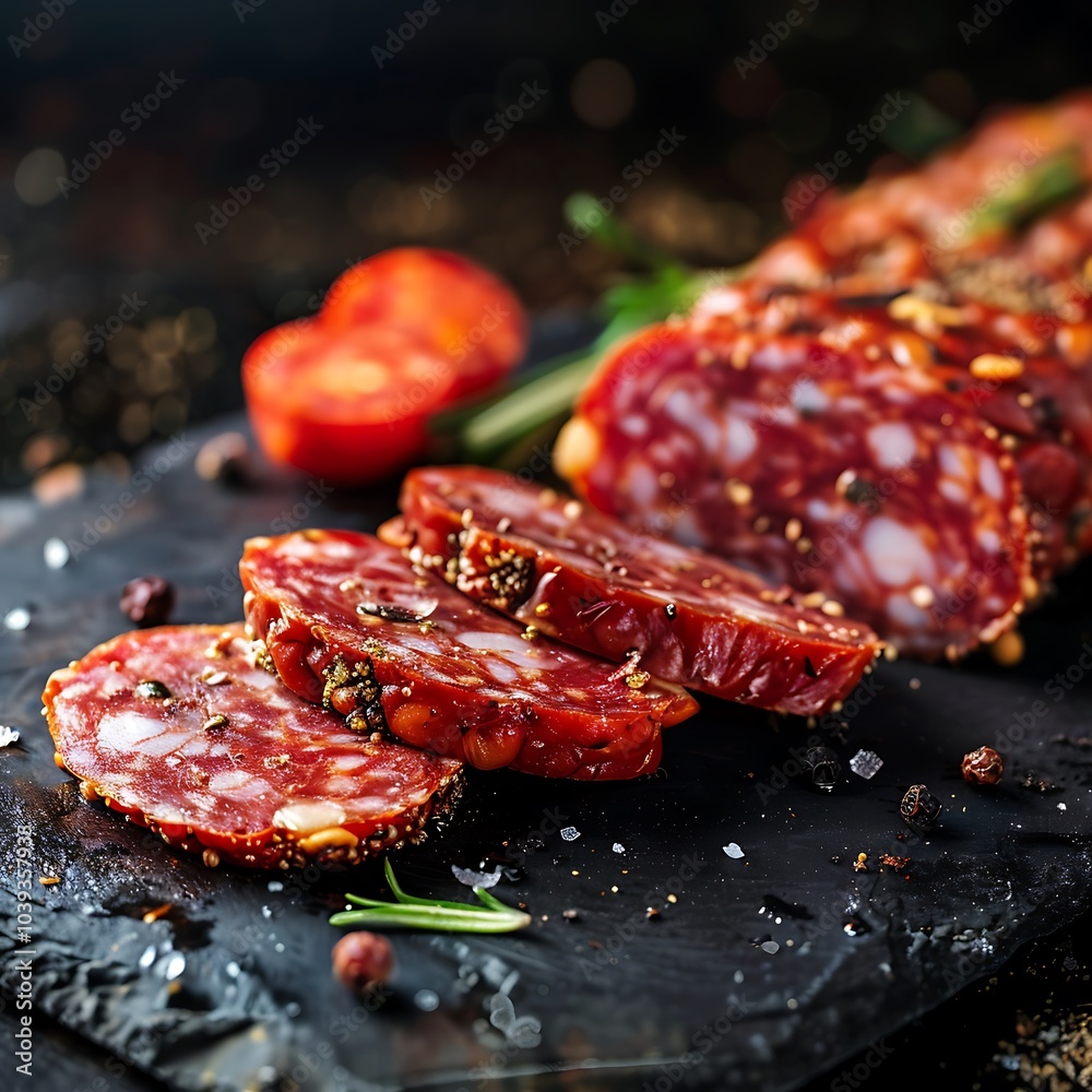 Slices of salami with rosemary and peppercorns on a black background. Slices of salami with rosemary and peppercorns on a black background.