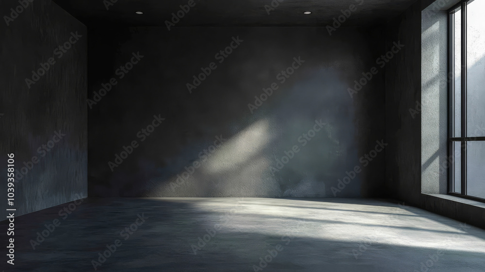 dark gray room with minimalistic design is illuminated by natural light streaming through large window, creating serene atmosphere. smooth concrete floor adds to modern aesthetic dark gray room with minimalistic design is illuminated by natural light streaming through large window, creating serene atmosphere. smooth concrete floor adds to modern aesthetic