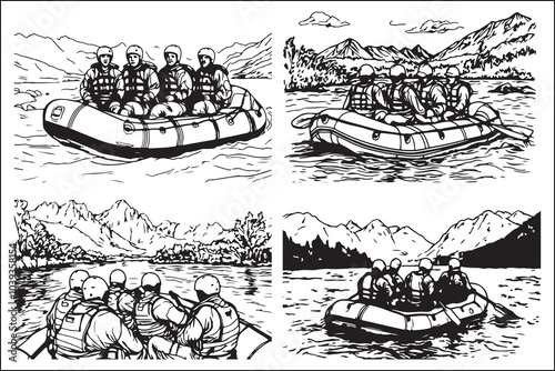 Black and White Rafting on the Lake vector illustration