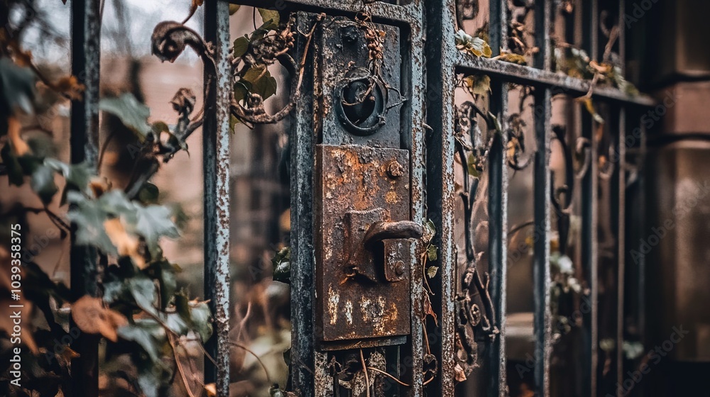 Closed factory gates with rusting metal and faded paint, symbolizing the decline of industry and the passage of time, reflecting a poignant reminder of economic shifts and the human impact of change Closed factory gates with rusting metal and faded paint, symbolizing the decline of industry and the passage of time, reflecting a poignant reminder of economic shifts and the human impact of change