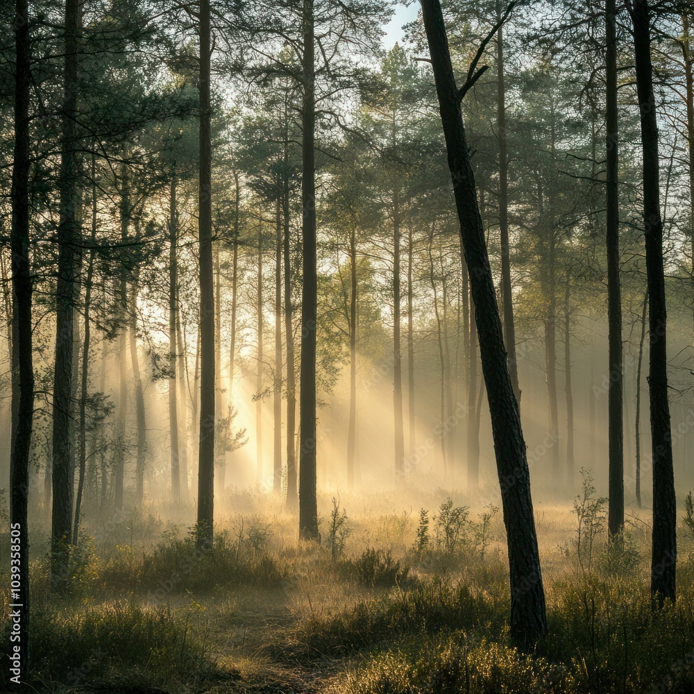 Obraz premium Landscape with foggy morning in forest