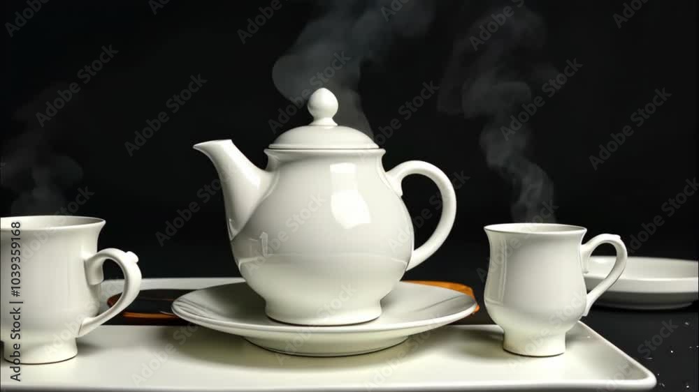 Steaming Tea Cup and Pot on a Tray with Black Background Steaming Tea Cup and Pot on a Tray with Black Background