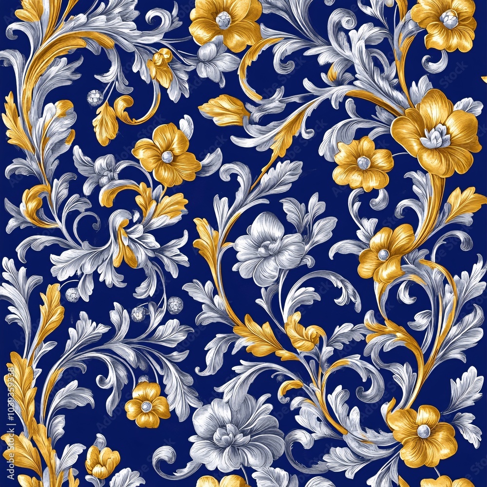 Intricate gold and silver floral patterns on a deep royal blue background, with delicate leaves and vines interwoven in a Baroque style. Intricate gold and silver floral patterns on a deep royal blue background, with delicate leaves and vines interwoven in a Baroque style.