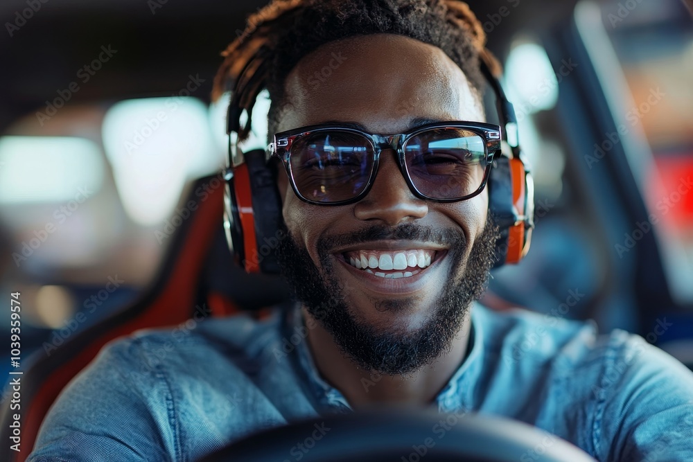Cheerful young man driving in a 3D video game, Generative AI Cheerful young man driving in a 3D video game, Generative AI
