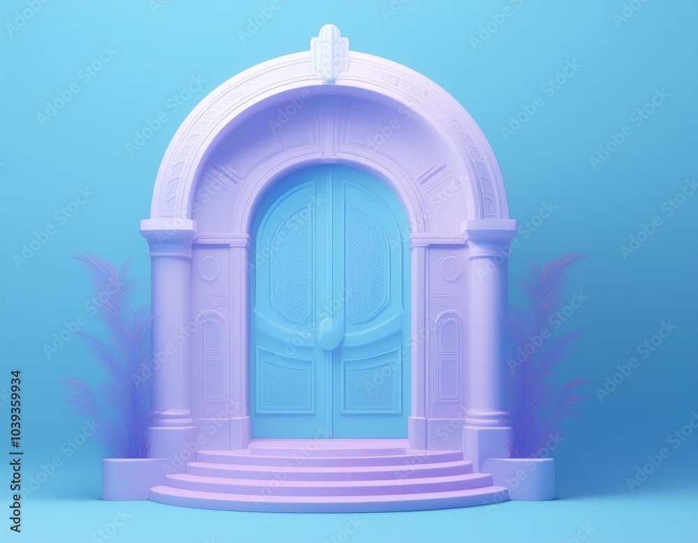 3D pastel blue door with a whimsical archway stands ready for someone to enter 3D pastel blue door with a whimsical archway stands ready for someone to enter