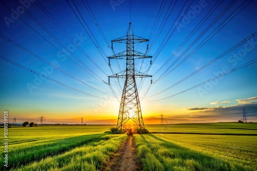 The blue sky stretches endlessly, framing a lone pylon in silhouette.