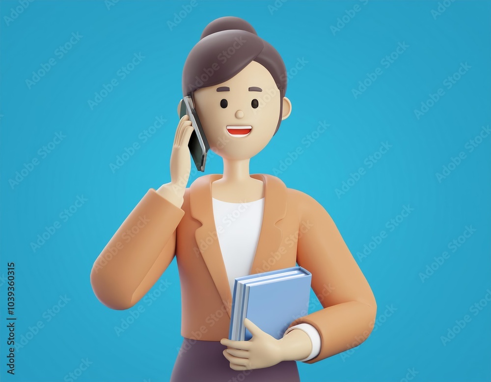 3D smiling woman in a suit talks on the phone while holding a stack of books 3D smiling woman in a suit talks on the phone while holding a stack of books