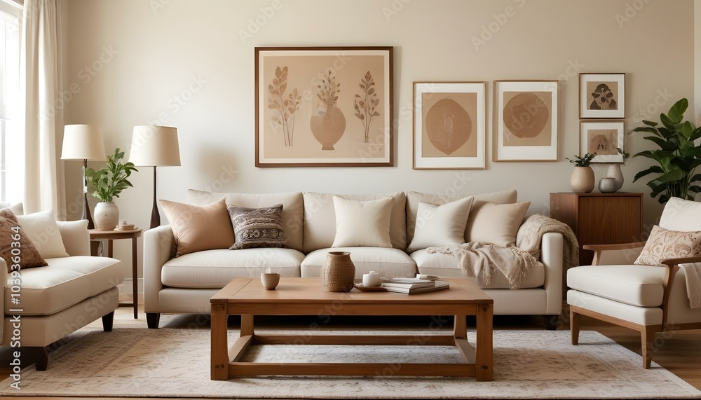 Obraz premium A cozy living room with a beige sofa, wooden coffee table, and a framed artwork on the wall.