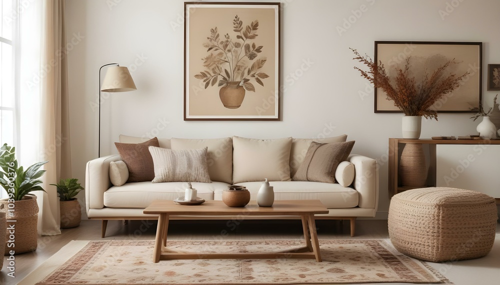 A cozy living room with a beige sofa, wooden coffee table, and a framed artwork on the wall. A cozy living room with a beige sofa, wooden coffee table, and a framed artwork on the wall.