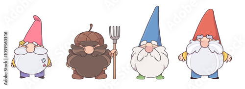 Cute funny garden dwarf gnome figurine. Old small magic fairytale elf character with grey beard and flowers, hat and with pitchfork standing with smile on face. Cartoon vector traditional decoration.