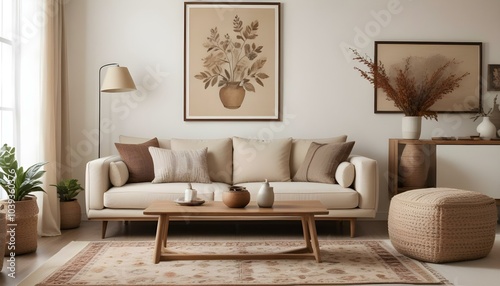 A cozy living room with a beige sofa, wooden coffee table, and a framed artwork on the wall.