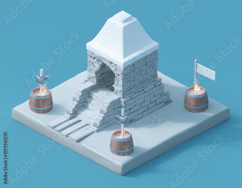 3D stone structure with a doorway and a flagpole surrounded by burning barrels with swords sticking out of them photo