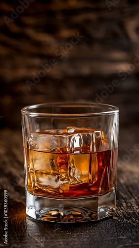 Top View of Glass with Ice on Black Wooden Background, Showcasing Rich Amber Color and Stylish Presentation