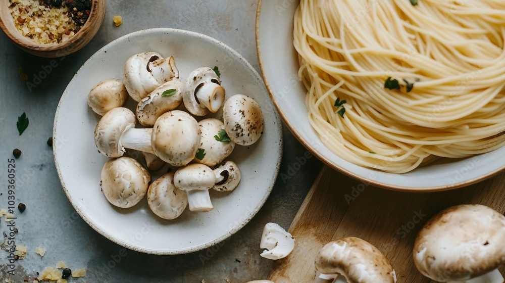 Mushrooms and Spaghetti on a Rustic Table Mushrooms and Spaghetti on a Rustic Table