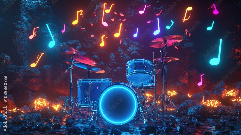 Obraz premium Neon Glowing Virtual Drum Set in a Colorful Environment