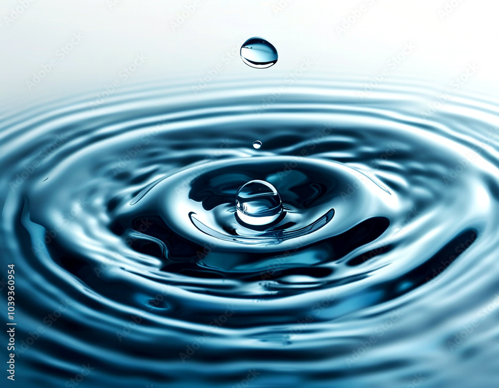Captivating water droplet creating ripples in serene blue liquid during calm moment Captivating water droplet creating ripples in serene blue liquid during calm moment