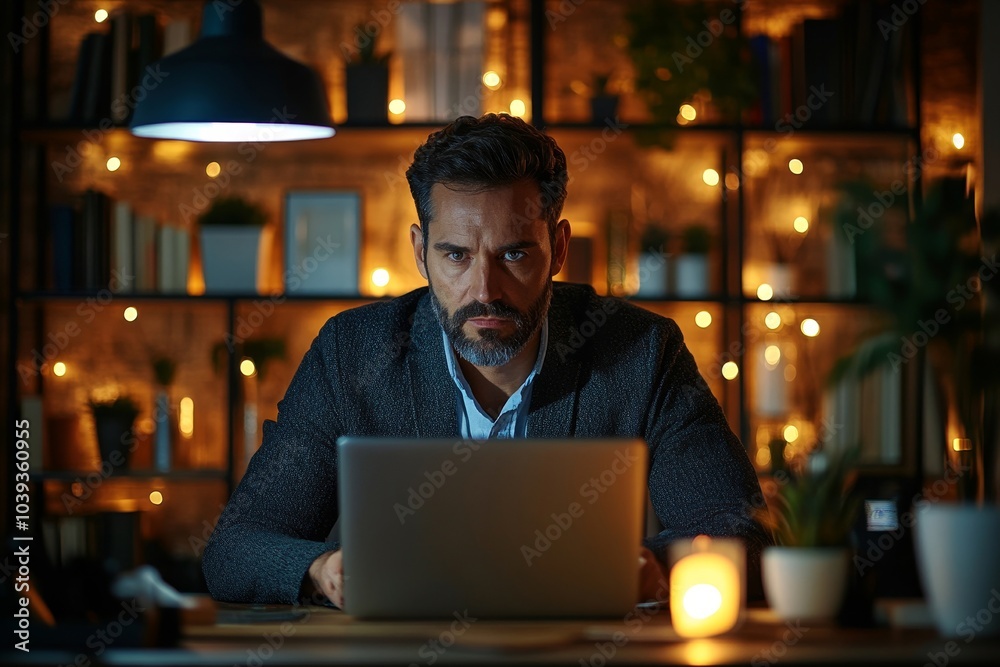 Businessman connecting to an online meeting in his office, Generative AI Businessman connecting to an online meeting in his office, Generative AI