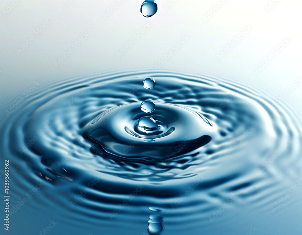A single water droplet causes ripples in a tranquil blue pond at dawn A single water droplet causes ripples in a tranquil blue pond at dawn