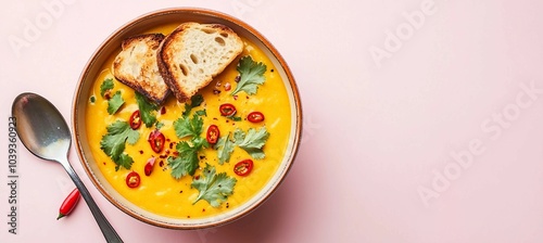 Wallpaper Mural Delicious Pumpkin Soup with Toasted Bread and Chili Flakes on Pink Background Torontodigital.ca