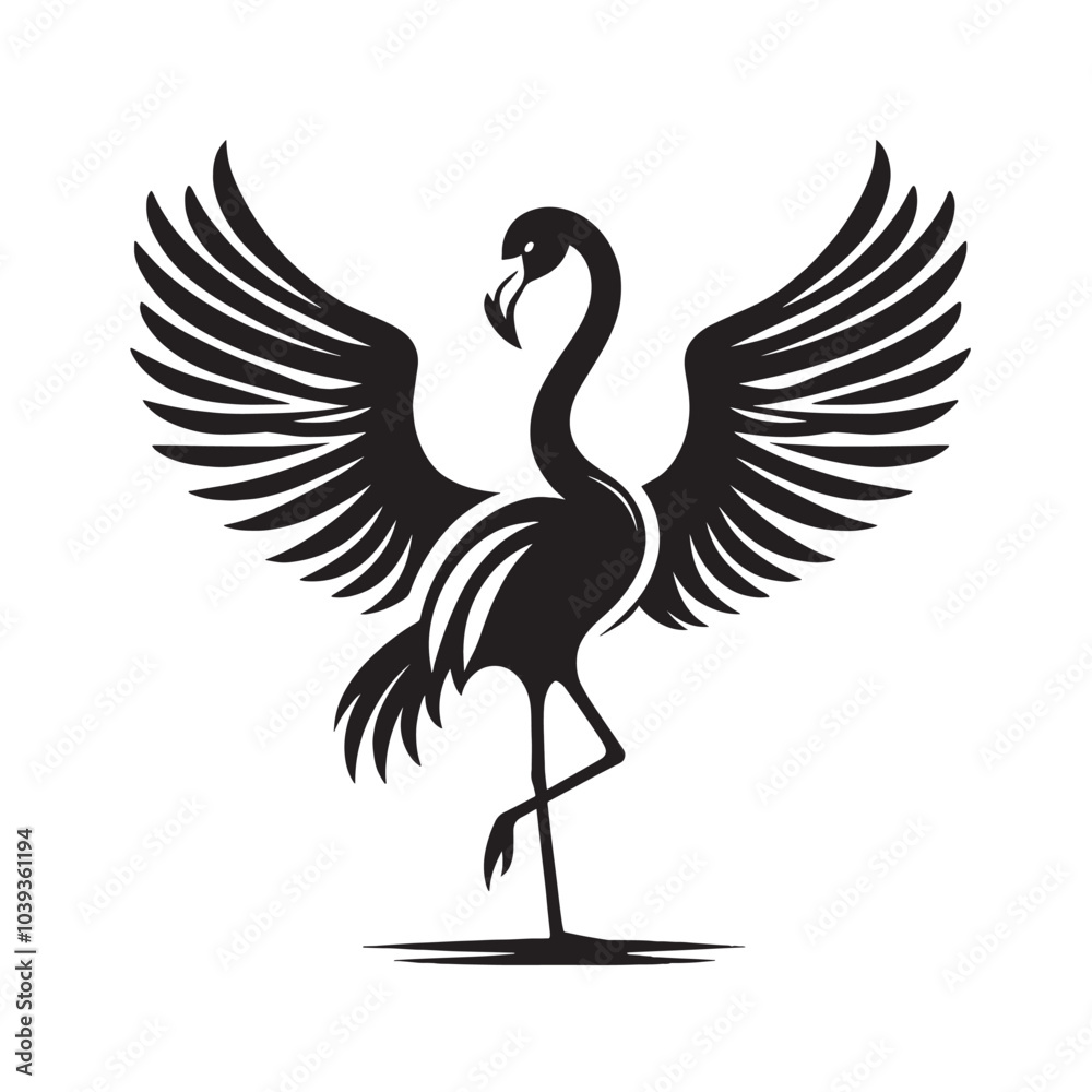 Fototapeta premium Silhouette of a flamingo with wings spread, standing on one leg.