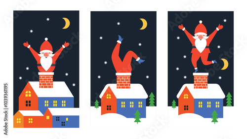 Santa coming down the chimney, set of Christmas Cards