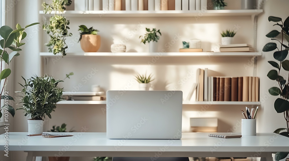 A clean and organized home office featuring a white desk, a laptop, and stylish shelving with books and decorative items, all illuminated by soft sunlight A clean and organized home office featuring a white desk, a laptop, and stylish shelving with books and decorative items, all illuminated by soft sunlight