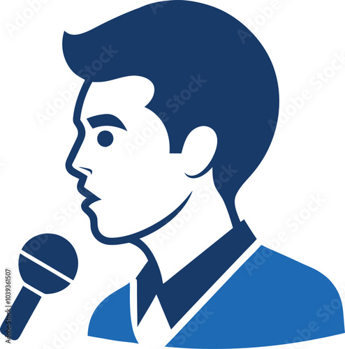 Man Speaking into Microphone:  Blue silhouette of a man speaking into a microphone. Ideal for communication, public speaking, news, broadcasting, and presentations.  