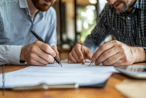 Happy contractor and homeowner signing the paperwork for their home renovation agreement, Generative AI